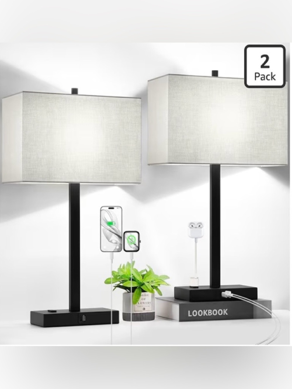 Modern Black Table Lamp with Rectangular White Shade